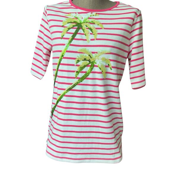 Quacker Factory Palm Tree Top Women's Size XS Sequins Pink Striped Beach Cruise - Picture 2 of 5